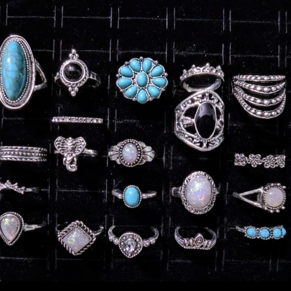 20 Pc Rings Bohemian Hippie stacking rings Boho Jewelry Blue Black Silver - Picture 6 of 7